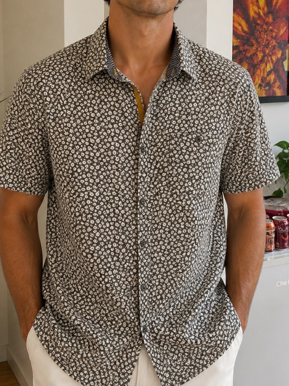Men's Short-Sleeve Printed Button-Up Shirt - grey Floral